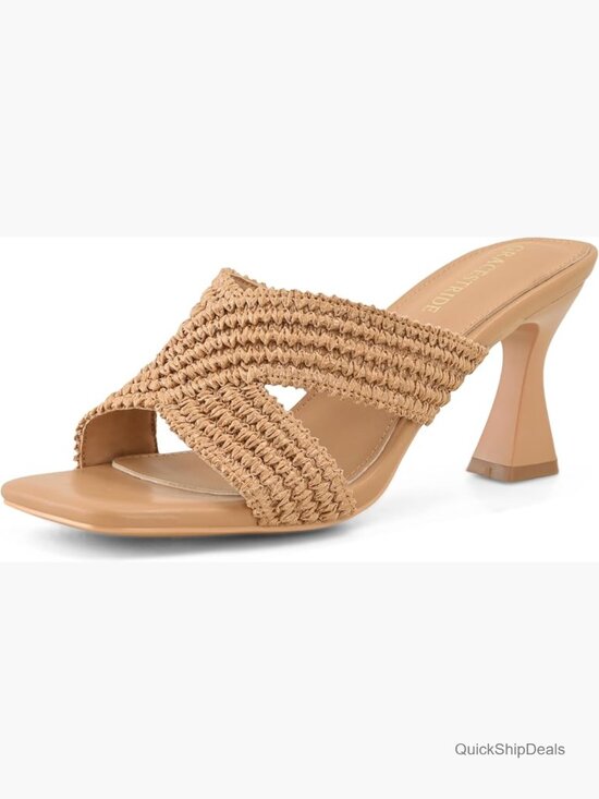 Shoes - Brown Heeled Mule Sandals, Block Heel, Slip On, Square Toe, Braided Straps
